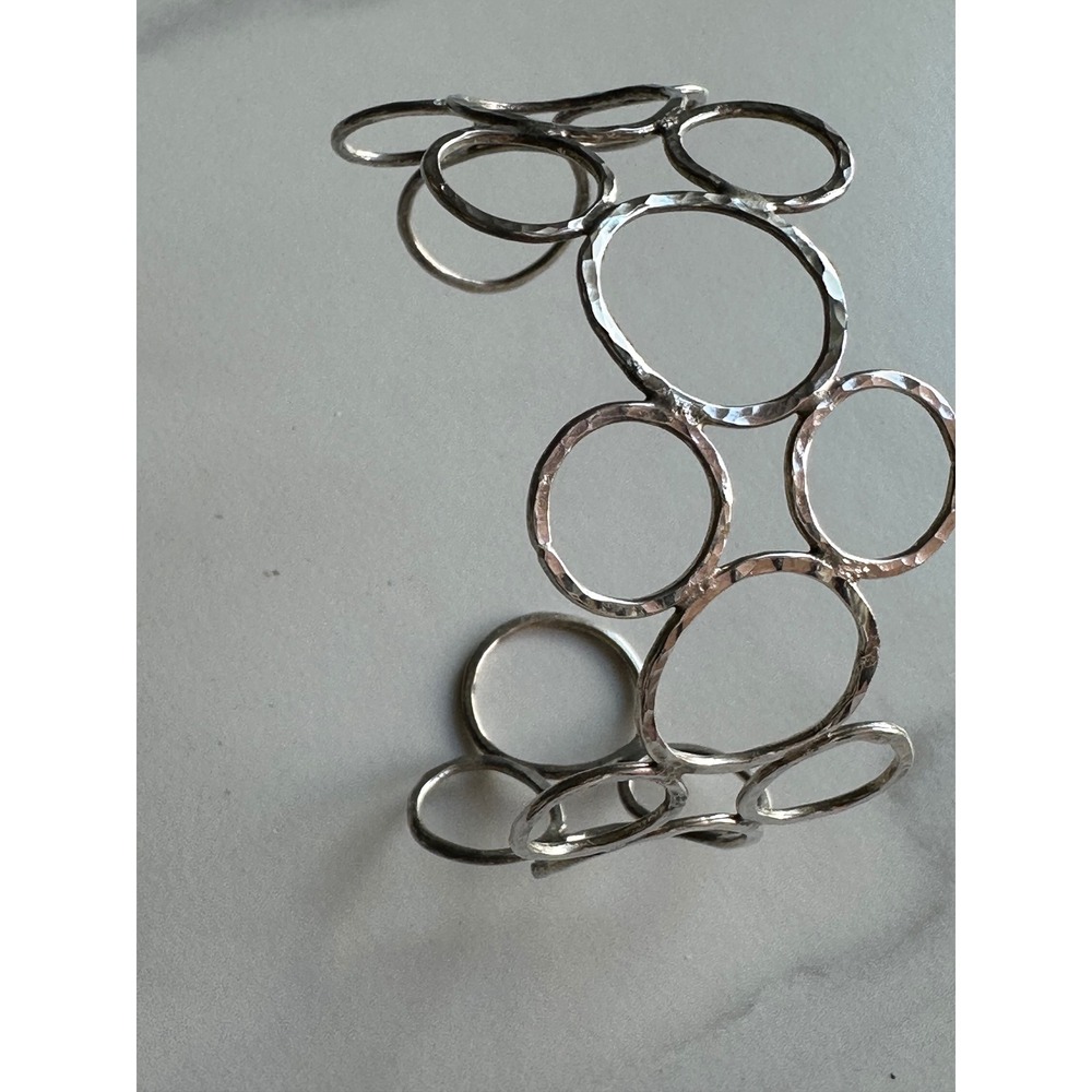 Hammered Sterling Silver Geometric Circle Cuff Bracelet Modernist Jewelry